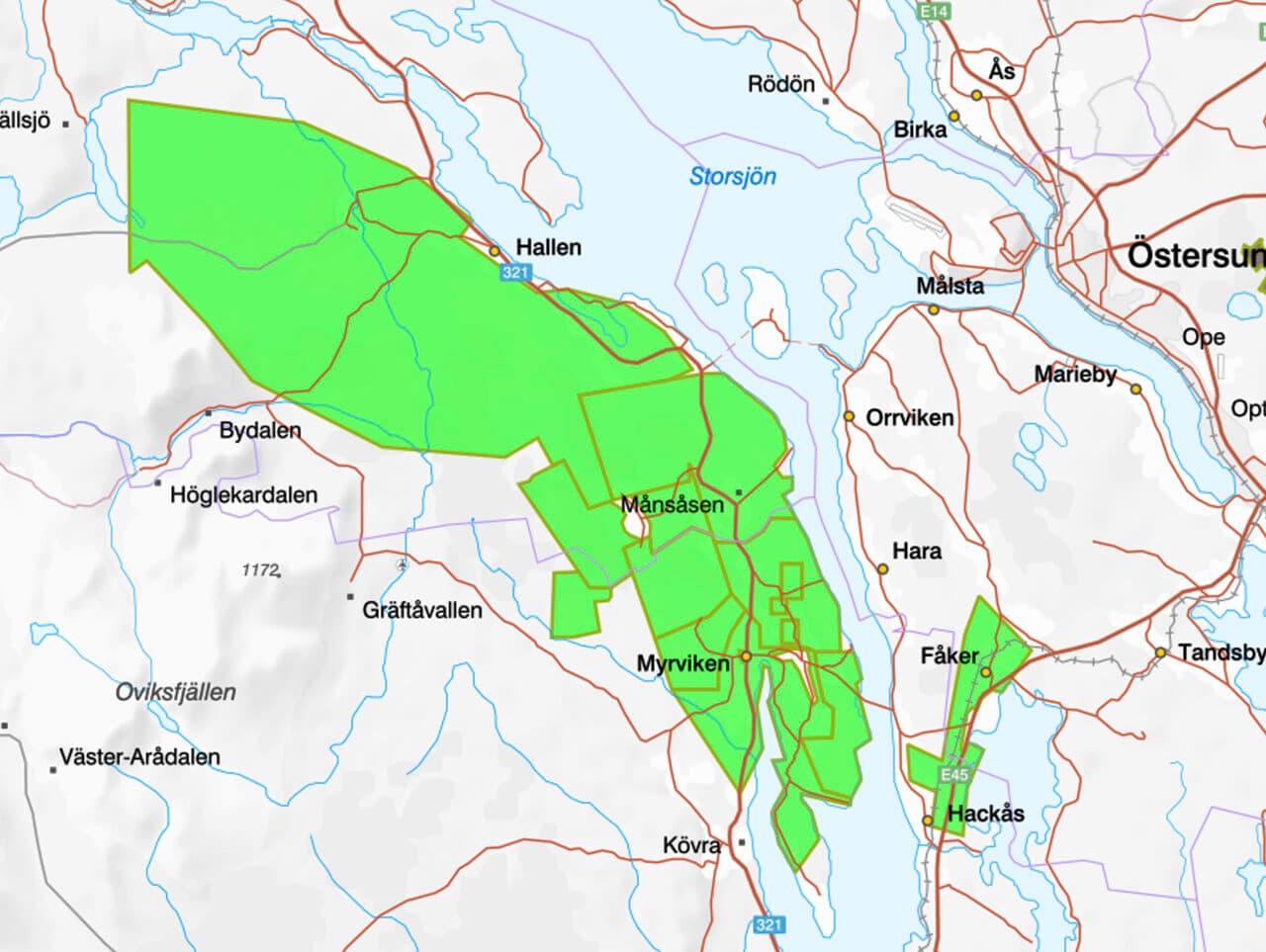 En karta över prospektering i Berg och Åre kommun, Jämtland