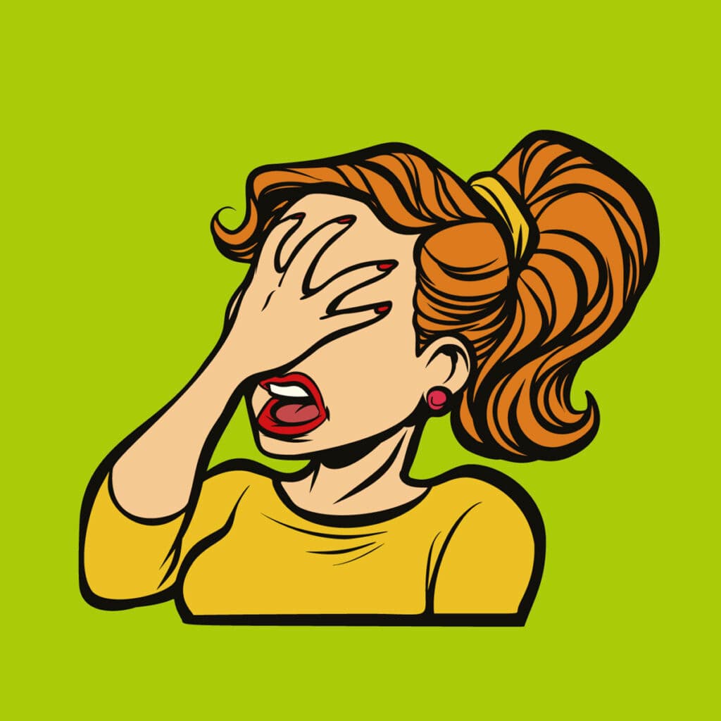 En tecknad person med hästsvans, lugg, läppstift och örhängen som håller sig för ansiktet i frustration