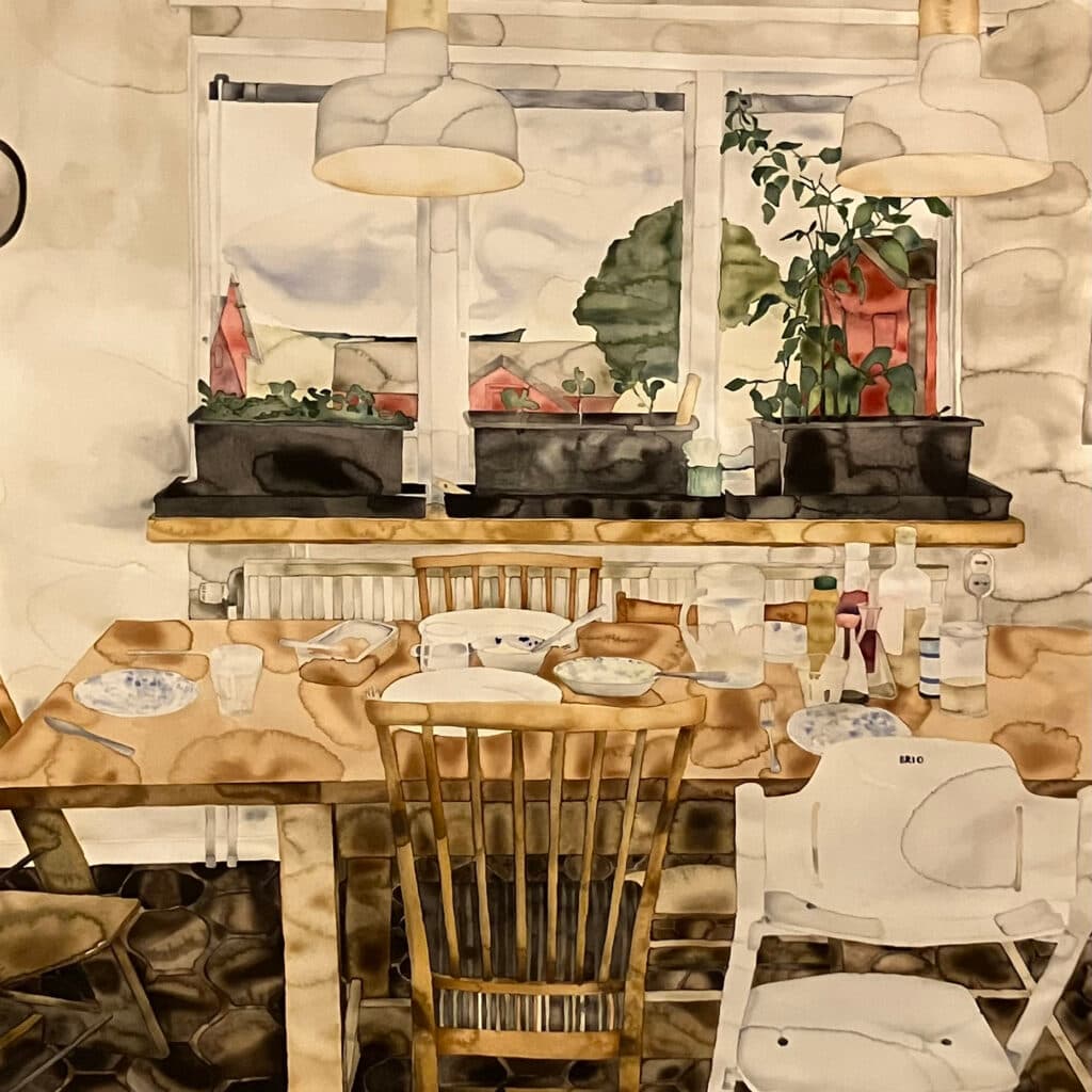 En akvarellmålning av ett fönster, inifrån ett kök
